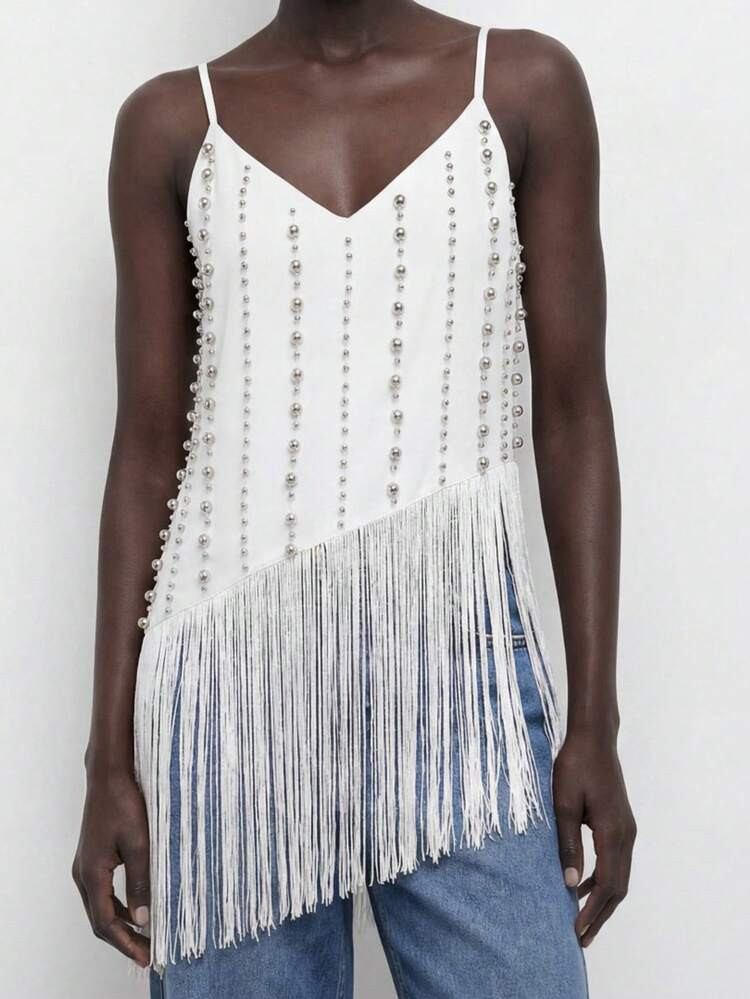 Maija Women's Beaded Decor Tassel Hem Fashion Camisole Modern City Going Out Outfits Summer Outfits Festival Outfits, Mothers Day Outfit, Party Tops, Elegant Party Tops, Modern City Top , Metallic Elements Fringed Top For Vintage Women Old Money Teacher For Women Romantic, Fashion, Versatile Summer Women Party Top Beach Holiday Vacation Going Out Graduation Elegant Casual Formal Attire Work Office For Women | SHEIN