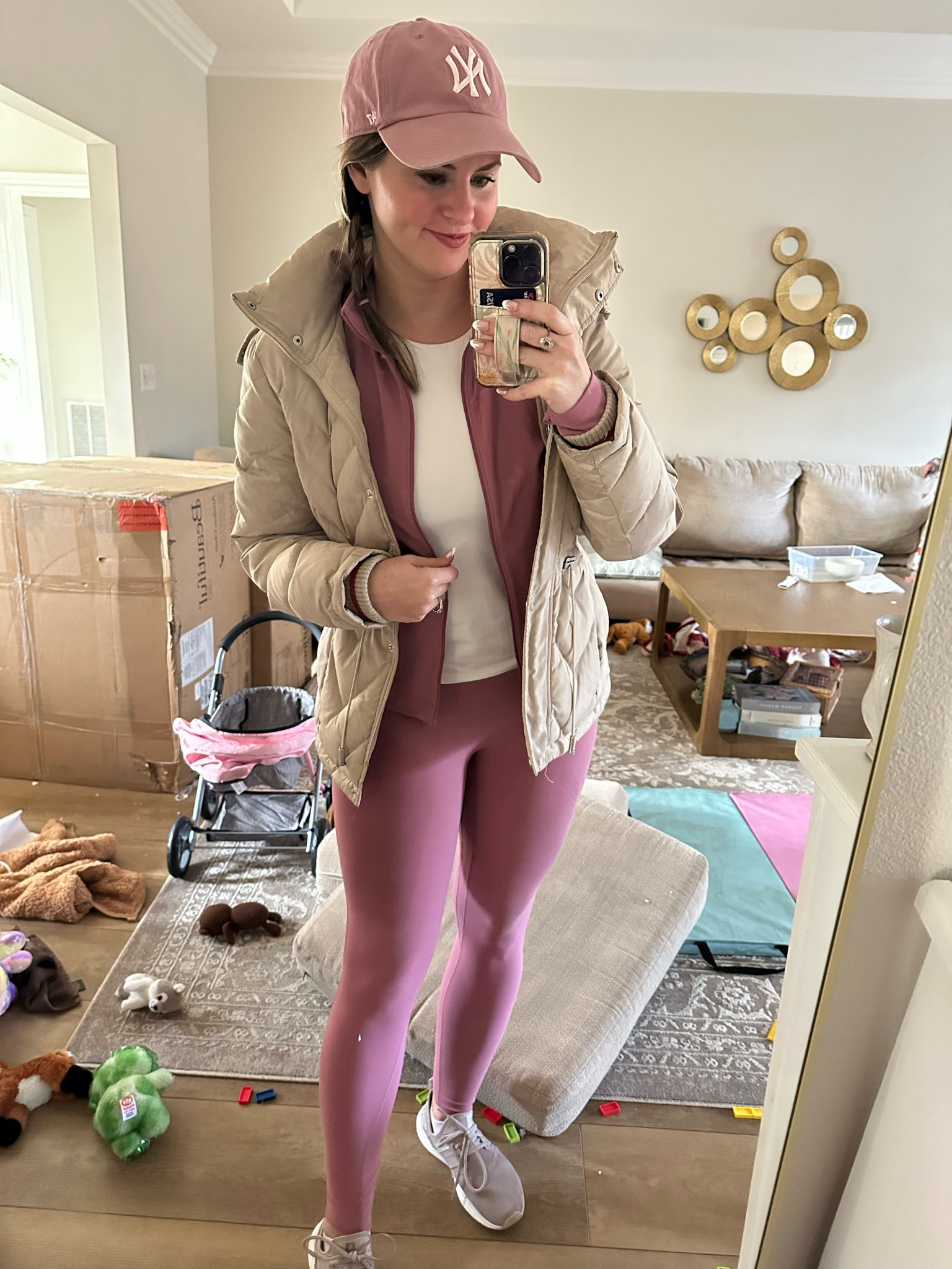 My workout clothes- fitness instructor (barre) ootd!!! 

Had a house of kiddos yesterday, so my house is destroyed 😜😂 but had to snap a pic of one of my fave new workout clothes for barre!! Also peep the box that just came in! Our couches we ordered a couple days ago are here!! It’s from the beautiful by drew barrymore collection & is a modular one with the prettiest grey blue color!! Can’t wait to put it together today. 👍🏼🤯

Felt so confident in these mauve pink leggings & matching jacket + hat for a monochromatic moment & just paired it with a white high neck tank (with built in bra) that’s back in stock from Target!! 🎯 

Linking it down below! 👇🏼 

#LTKFitness #LTKSeasonal #LTKActive