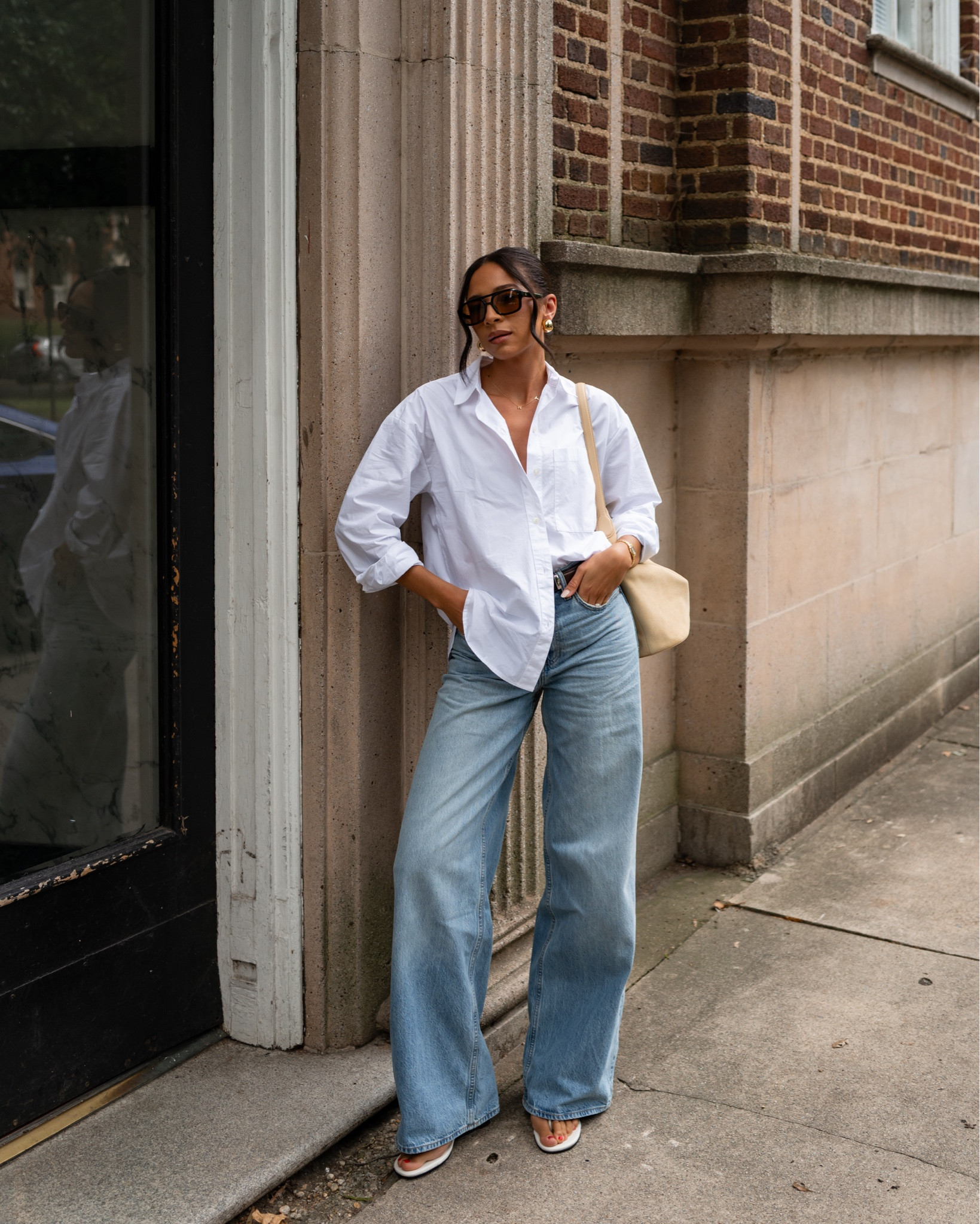These jeans look designer but at a fraction of the price!! They give legs for DAYS and are under $100!! Wearing size S white button up shirt and size 27 X long high rise wide leg jeans (medium wash) 

fall outfit, fall fashion, autumn outfits, abercrombie jeans, abercrombie denim, date night outfit, dinner outfit,