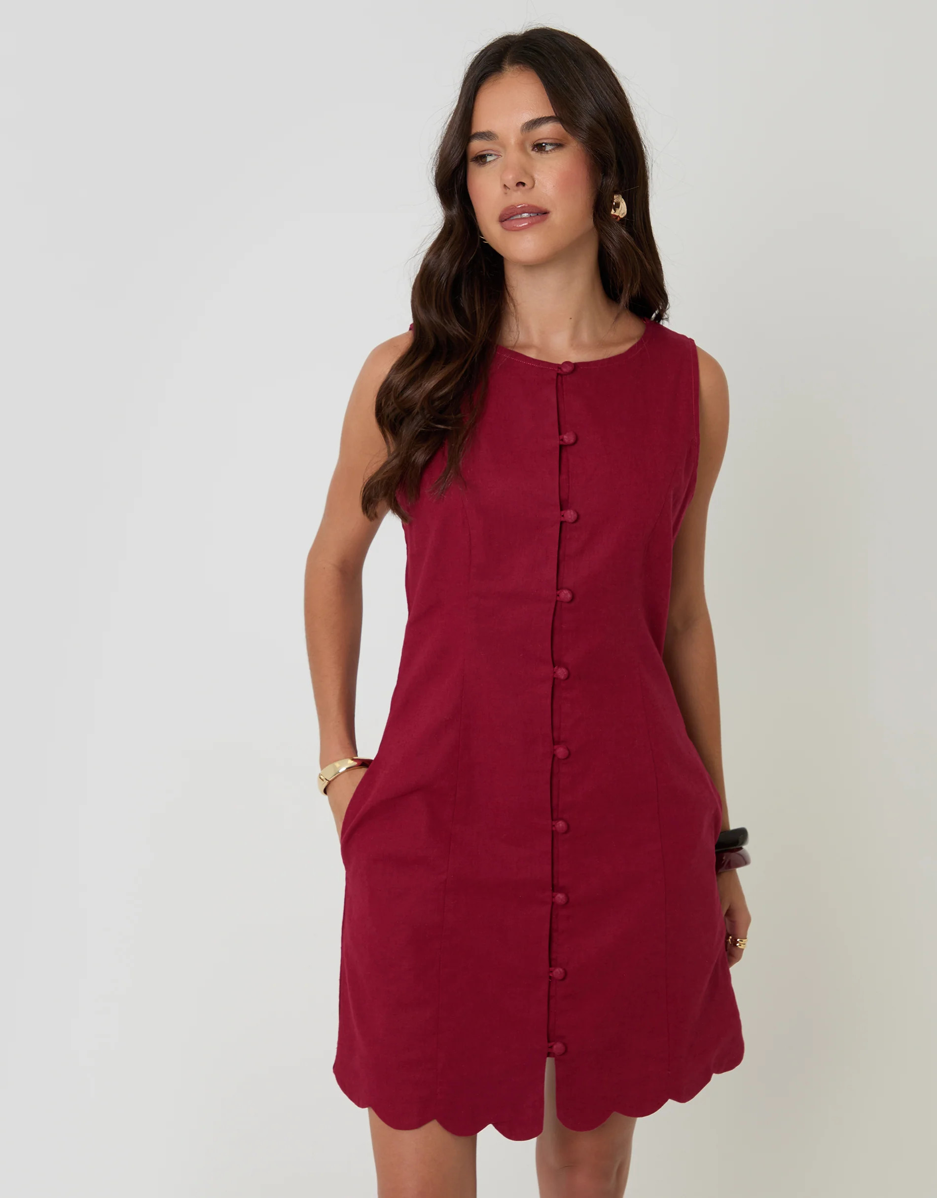 Red Linen Blend Pinafore Dress | Threadbare