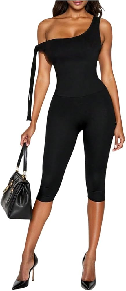 Milumia Women's Asymmetrical Neck Capri Jumpsuit Sleeveless Tie Side Bodycon Romper Pants | Amazon (US)