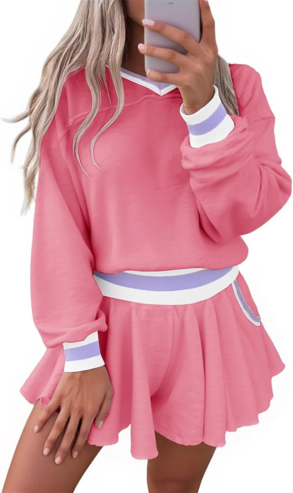 Fisoew Short Sets for Women Casual 2 Piece Outfits V Neck Long Sleeve Tops Elastic Waist Shorts F... | Amazon (US)