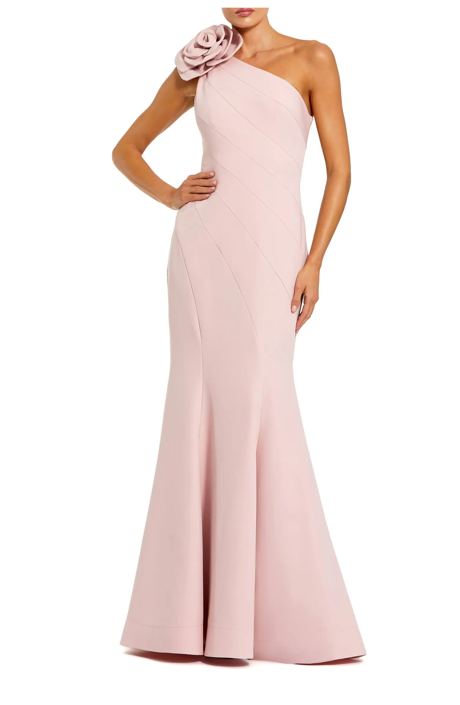 Crepe One Shoulder Mermaid Gown With 3D Flower | Nordstrom
