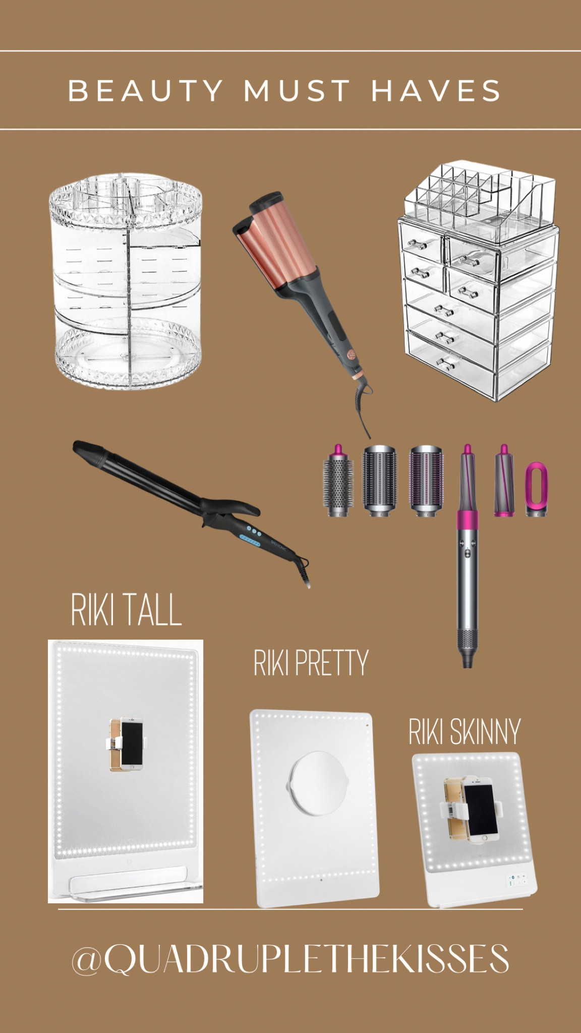I own every single one of these items and LOVE each of them! 

The round organizer I use for my skincare. The one with the drawers I put my makeup in 

I use this waver and it’s my favorite ever. It is a deep waver so you get a really good wave!

This curling iron is the only one I use now to curl my hair. It makes the curl hold better and I have officially gotten rid of all other curling irons I’ve ever owned. 

Riki’s. I have so much to say about Riki mirrors! I have all 3 of these and they are literally the best mirrors I’ve ever used! 
You get perfect lighting no matter time of day it is, has a magnified mirror and a phone holder. 

The Riki Tall is really big. I use if for my vanity. If you don’t have a vanity space this one won’t fit anywhere else but if you do you’ll never look back again. 

The Riki Pretty is smaller than the tall but still big. It skinny so it can be put away daily is needed. 

Riki skinny- perfect for traveling and if you have a small space to do your makeup. This would easily fit in a drawer to store  

#LTKbeauty #LTKSeasonal #LTKGiftGuide