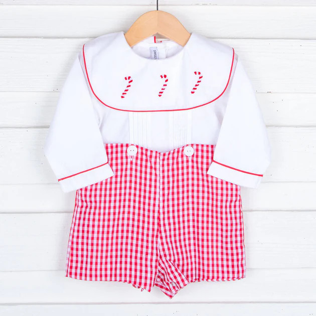 Embroidered Candy Cane Red Gingham Shortall | Classic Whimsy