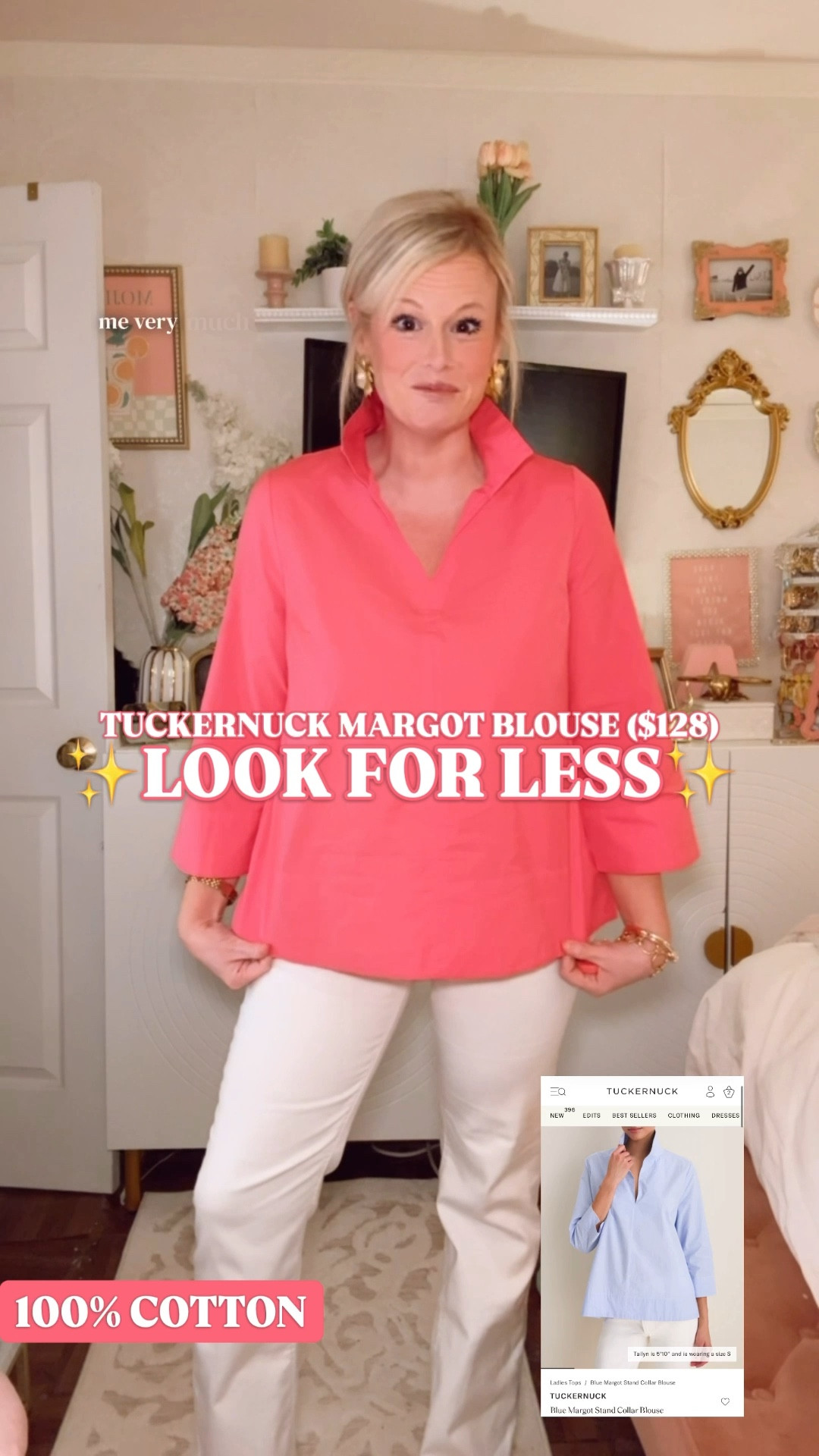 Tuckernuck Margot look for less | popover blouse women | work outfit women | teacher outfit women | spring outfit women | preppy style women | business casual top women | cotton blouse women

This is very much giving Tuckernuck Margot blouse energy without the $128 price tag.

That crisp cotton feel. The easy popover neckline. The stand collar. The relaxed shape that still looks polished the second you put it on. It has that exact preppy, pulled-together look that makes a work outfit feel smarter without trying too hard.

100% cotton, breathable, structured, and easy to wear. This is the kind of blouse that earns its keep fast because it works for so many parts of real life.

I’m in a medium and it runs true to size. Also comes in white.

This is such a strong piece for:
• work outfit women
• teacher outfit women
• spring outfit women
• business casual outfit women
• office outfit women
• preppy style women
• popover blouse women
• professional wardrobe staples

It is the top you throw on with trousers, white denim, ankle pants, or shorts and instantly look more polished. Very Tuckernuck. Very Ralph Lauren. Very the woman who always looks put together.

If you have ever loved the Tuckernuck Margot blouse but did not love the price, this is the one to look at.

tuckernuck look for less, tuckernuck margot blouse look for less, tuckernuck blouse dupe, ralph lauren look for less, popover blouse women, cotton blouse women, work blouse women, business casual top women, teacher outfit women, work outfit women, spring outfit women, office outfit women, professional outfit women, business casual outfit women, preppy style women, preppy work outfit women, collared blouse women, 3 4 sleeve blouse women, pink blouse women, white blouse women, affordable workwear women, belk fashion finds, crown and ivy top

#LTKFindsUnder100 #LTKFindsUnder50 #WorkOutfit #WorkShirt #LookForLess #PreppyStyle #Tuckernuck #WorkOutfits #BusinessCasual #TeacherOutfit 

#LTKSaleAlert #LTKootd #LTKOver40 #LTKSeasonal #LTKWorkwear