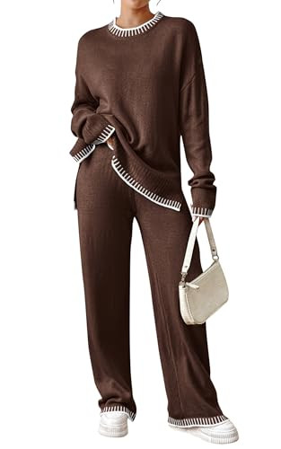 Angashion Womens 2 Piece Outfits - Sweater Sets Long Sleeve Knit Tops Wide Leg Pants Lounge Tracksuits Coffee Small | Amazon (US)