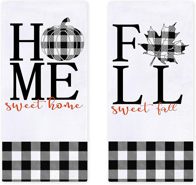 Fall Pumpkin Home Kitchen Dish Towels Set of 2, Black White Buffalo Check Maple Leaves Farmhouse ... | Amazon (US)