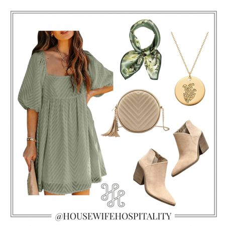 Amazon picks  Feminine Fall Outfit Inspo. Pastel preppy boho look for Autumn. Sage green babydoll puff sleeve dress with chevron detailing. Chinoserie green silk hair scarf, gold flower birth month necklace, nude round crossbody bag with tassel, tan ankle booties. 

#LTKworkwear #LTKunder100 #LTKunder50