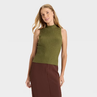 Women's Mock Neck Ribbed Sweater Tank - A New Day™ Olive Green XL | Target