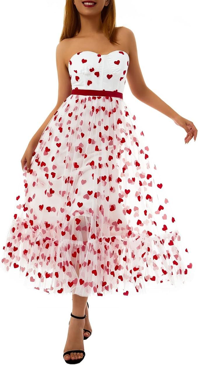 Valentine's Day Dress Heart Print Strapless Maxi Dresses Fairy Flared Flowy Hemline Party Gowns T... | Amazon (US)