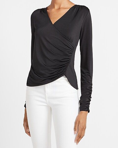Ruched Wrap Front V-Neck Tee | Express