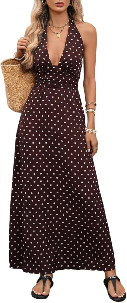 Women's Halter Polka Dot Maxi Dress Boho Backless Deep V Dresses | Amazon (US)