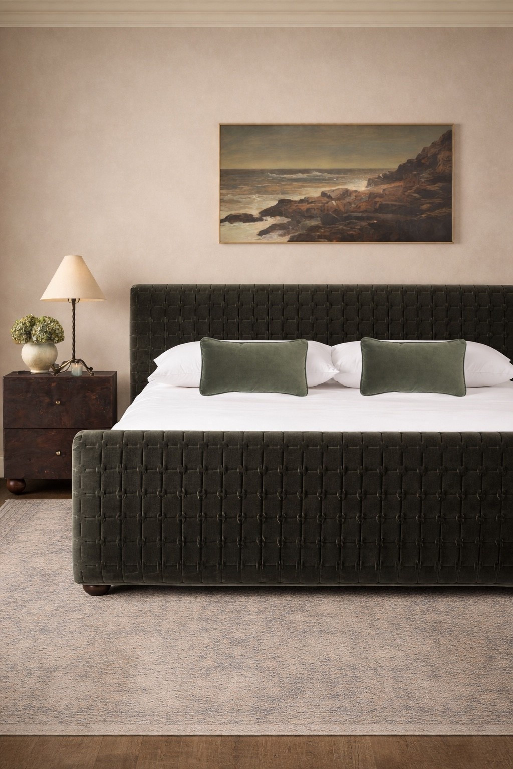 Master bedroom, primary bedroom, rendering from a mood board. Get the look: modern traditional bedroom with dark gray quilted bed, dark wood nightstand with bun feet, moody coastal art and neutral rug.

#LTKHome