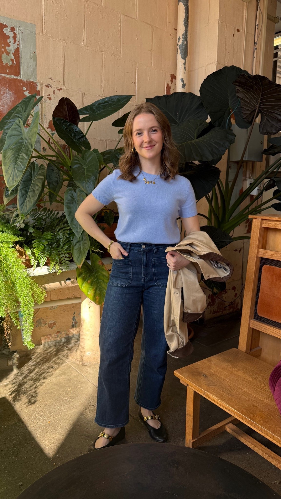Spring transition outfit 
Small cashmere sweater tee (size up 1)
25 patch pocket with 26 inseam jeans I’m 5ft 2
Midnight blue wash 
