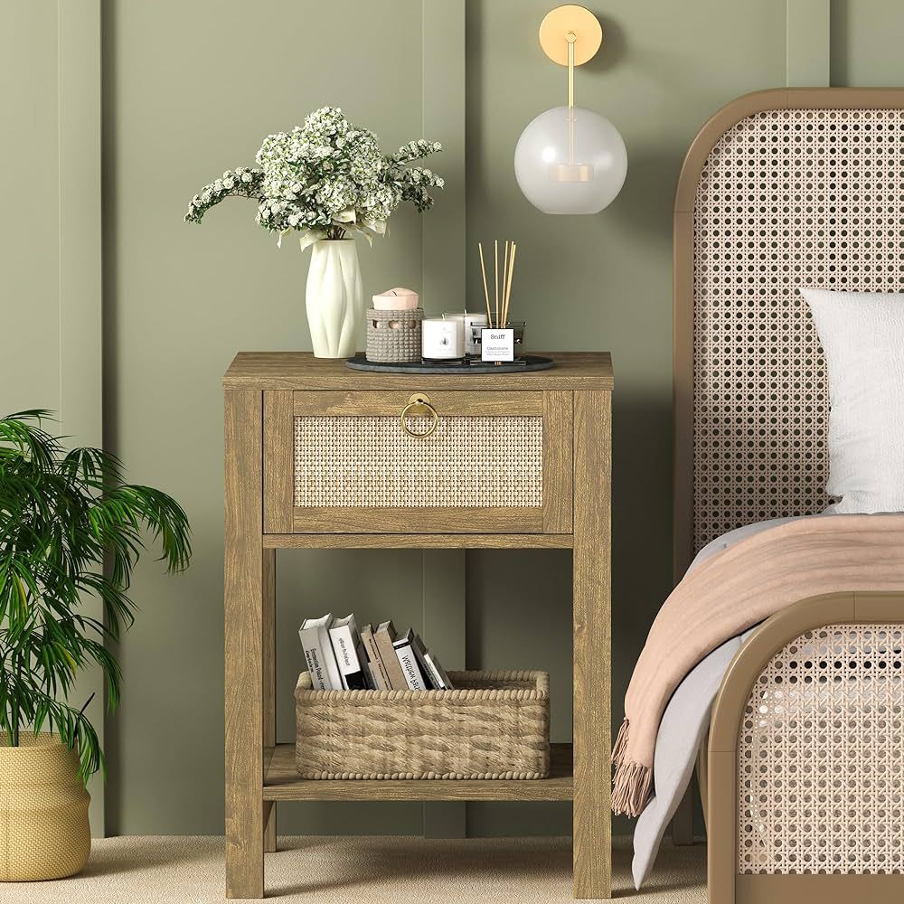 SICOTAS Rattan Nightstand - Rattan Decor Drawer with Brass Knobs Night Stand Natural Wood Bedside... | Amazon (US)