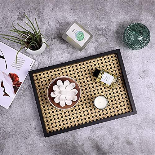 Rectangle Wood Tray with Mesh, Ottoman Tray, Black Decorative Tray Ideal for Food Storage, Basket... | Amazon (US)