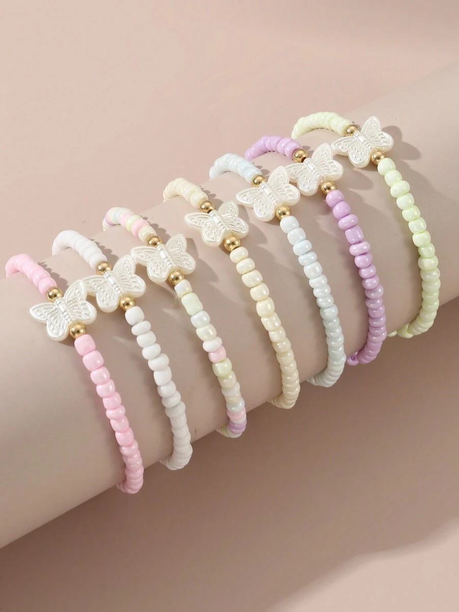 7pcs/Set Girls' Colorful Beaded Heart, Star, Butterfly Bracelets, Daily Decoration | SHEIN