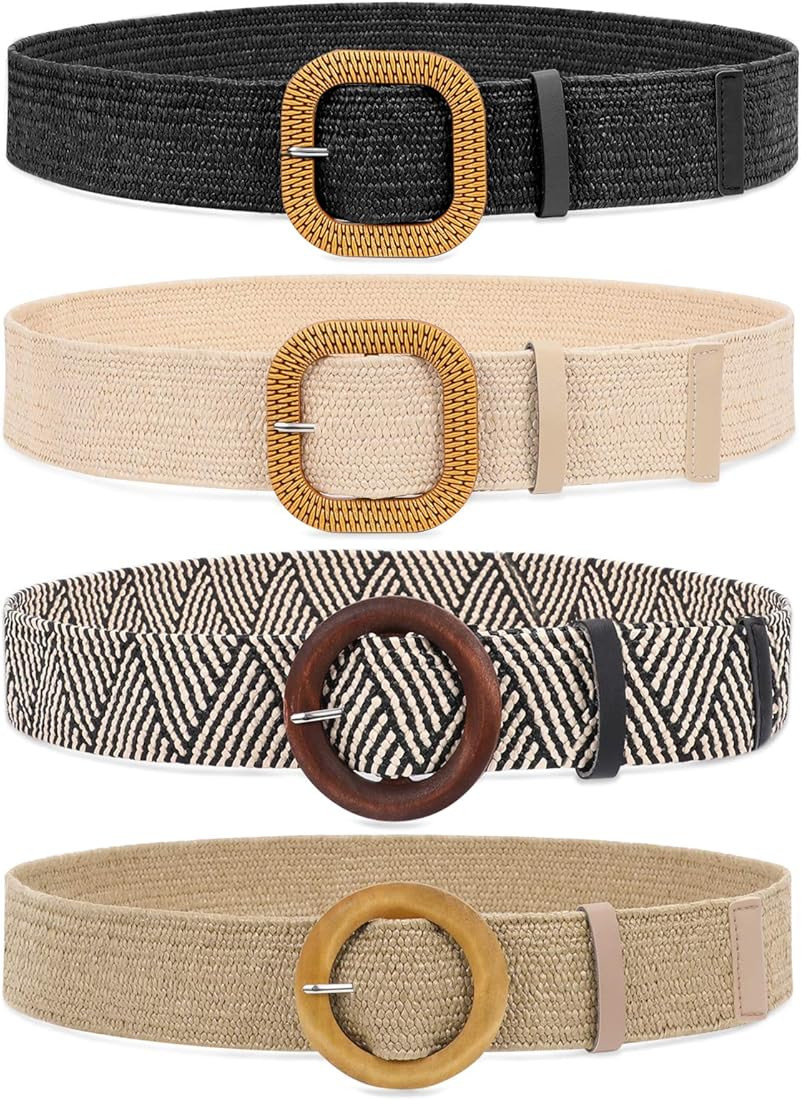 WHIPPY Set of 4 Straw Woven Elastic Stretch Waist Belts for Women, Fashion Boho Ladies Braided Sk... | Amazon (US)