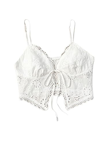 SweatyRocks Women's Casual Hollow Out Tie Front Cami Top Lace Trim Slim Fit Crop Tops | Amazon (US)