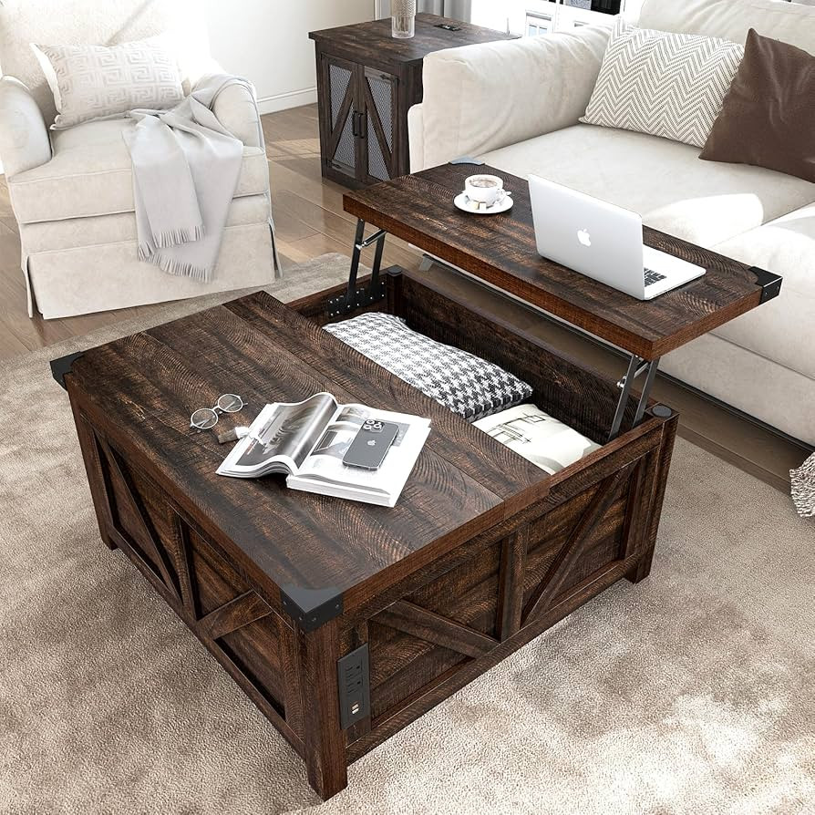 Farmhouse Lift Top Coffee Table with Storage, Wood Square Center Table with Charging Station&USB ... | Amazon (US)