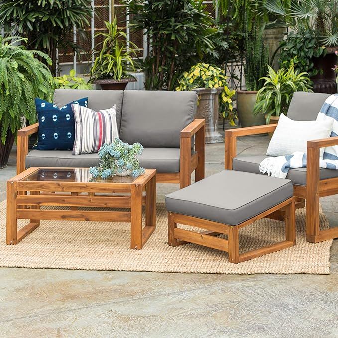 Walker Edison Sorrento Modern 4 Piece Acacia Wood Outdoor Chat Set with Glass Top Coffee Table, S... | Amazon (US)