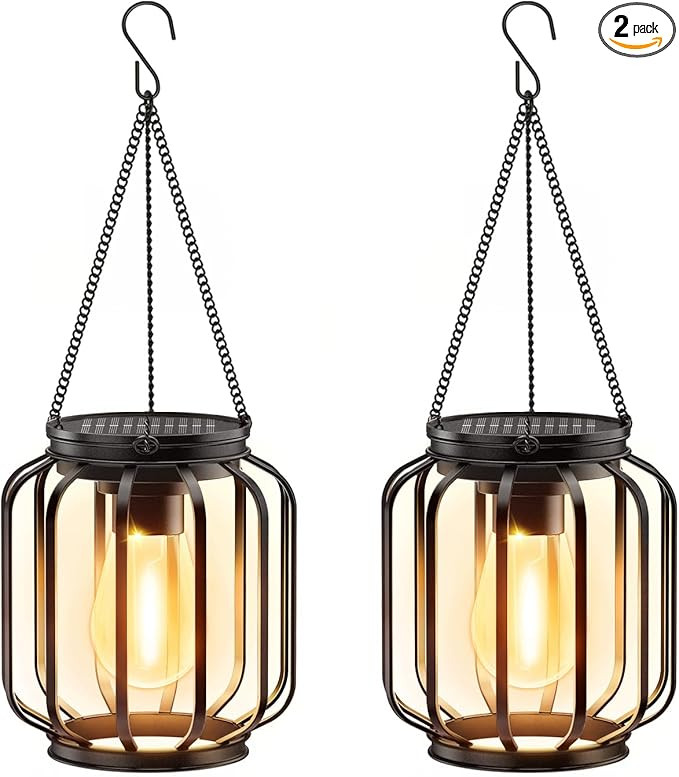Solar Hanging Lanterns Outdoor: 2 Pack Metal Solar Hanging Lights with Hook, Bright - Warm Waterp... | Amazon (US)