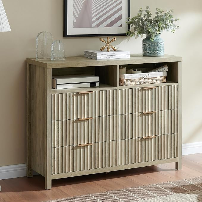 Fluted 6 Drawer Dresser for Bedroom, Tall Wide Chest of Drawers with Storage Organizer, Mid Centu... | Amazon (US)