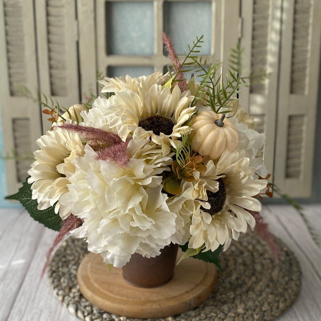 Cream Sunflowers Neutral Autumn Colors Faux Floral Arrangement in Aged Bronze and Copper Metal Co... | Etsy (US)