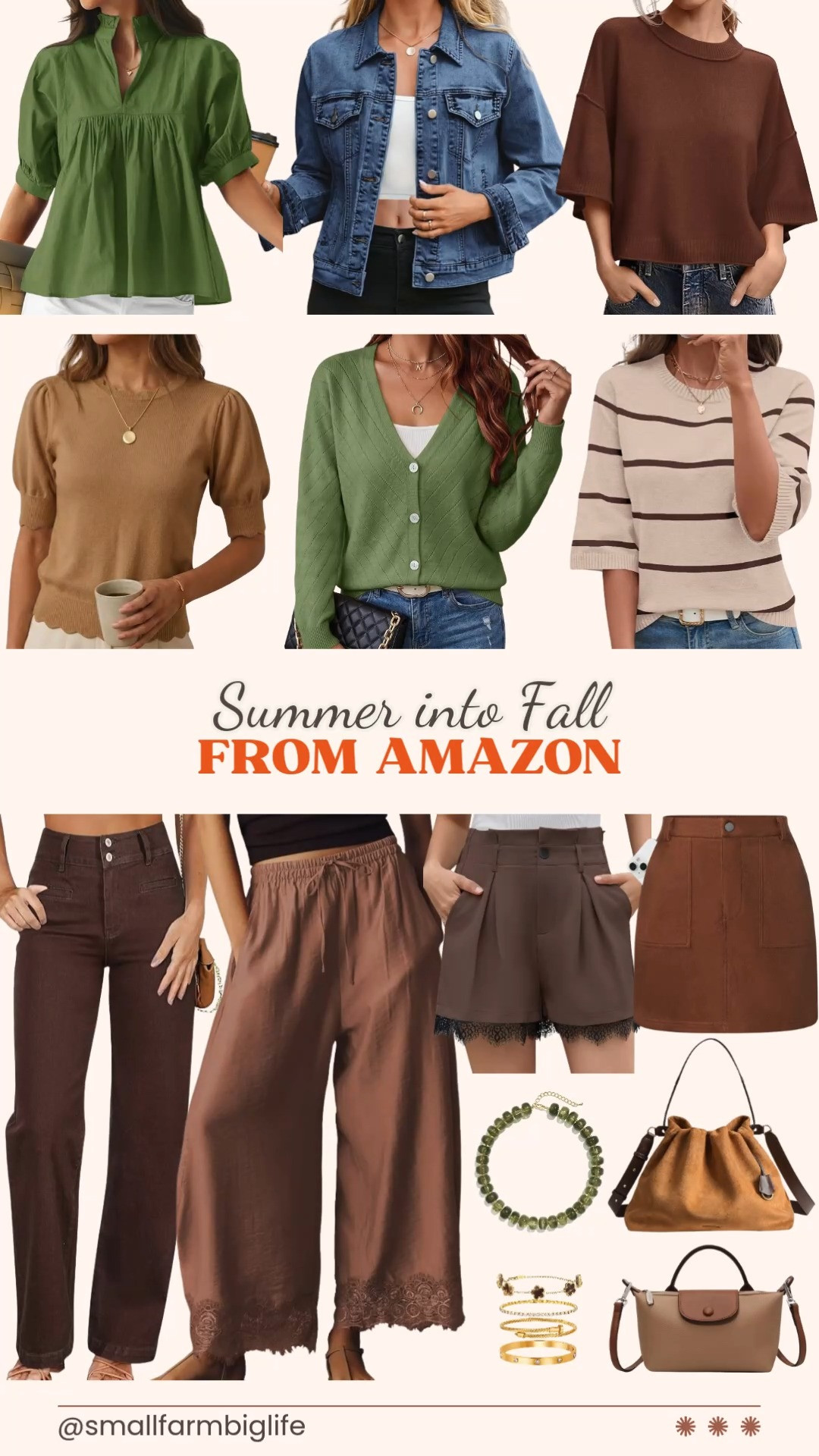 Sharing my favorite Amazon finds for transitioning your closet from summer into fall.

The olive green babydoll peplum top has a V neck and puff sleeves, so easy to dress up or down. Pair it with the brown cropped lace hem wide leg pants for a light, breezy look that still feels put together.

The blue denim jacket is a fitted western style with button details and pockets, a great layering piece as it cools down. The brown dressy high waisted shorts with lace trim are perfect for the office or business casual days while it is still warm.

For sweaters, the coffee brown oversized cropped knit top and the green button up V neck cardigan are both lightweight enough for early fall. I also love the cream and brown striped pullover sweater and the camel scalloped crewneck sweater with puff sleeves for a trendy layered look.

The brown suede mini skirt is high waisted with pockets and belt loops, so versatile for fall outfits. Pair it with the coffee brown high waisted straight leg jeans for another easy transitional look.

Rounding out the accessories, the tan and brown quilted crossbody bag and the tan suede slouchy hobo bag are both great everyday options. The olive green chunky beaded necklace and the gold layered bangle bracelet set add a fun finishing touch to any outfit.

#summertofall #amazonfashion #fallwardrobe #transitionalstyle #amazonfinds 

 #LTKootd #LTKOver40 #LTKWorkwear