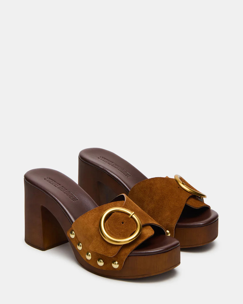 CASANOVA Chestnut Suede Square-Toe Wood Bottom Platform Women's Sandal | Steve Madden (US)