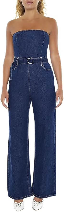 Forever 21 Women's Belted Strapless Denim Jumpsuit | Amazon (US)