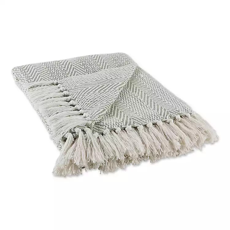 Artichoke Green Herringbone Fringe Throw | Kirkland's Home