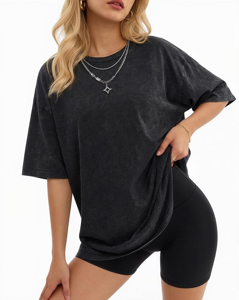 MANGOPOP Oversized Vintage Short Sleeve Shirts for Women Acid Wash Crew Neck Y2k Grunge Casual Su... | Amazon (US)