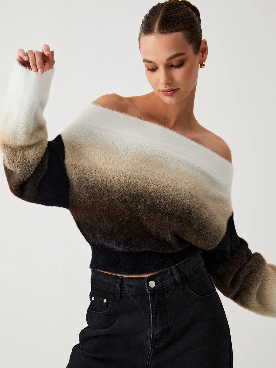 Dawn Ombre Fuzzy Off Shoulder Crop Sweater | Commense