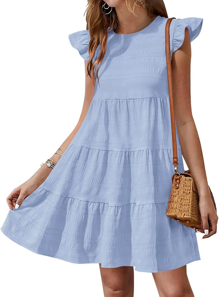 Yousify Summer Dresses for Women 2026 Ruffle Sleeve Mini Babydoll Dress Beach Casual Loose Flowy ... | Amazon (US)