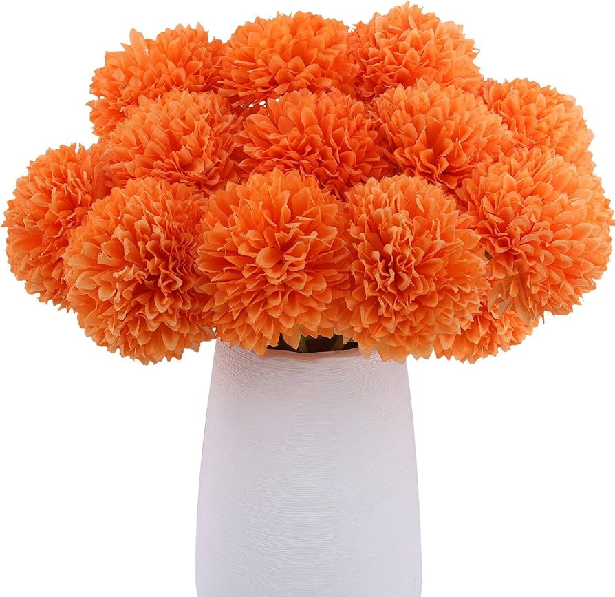 Rowfad 12 Pcs Artificial Chrysanthemums Fall Flowers Silk Orange Marigolds Flowers Fake Mums Flow... | Amazon (US)