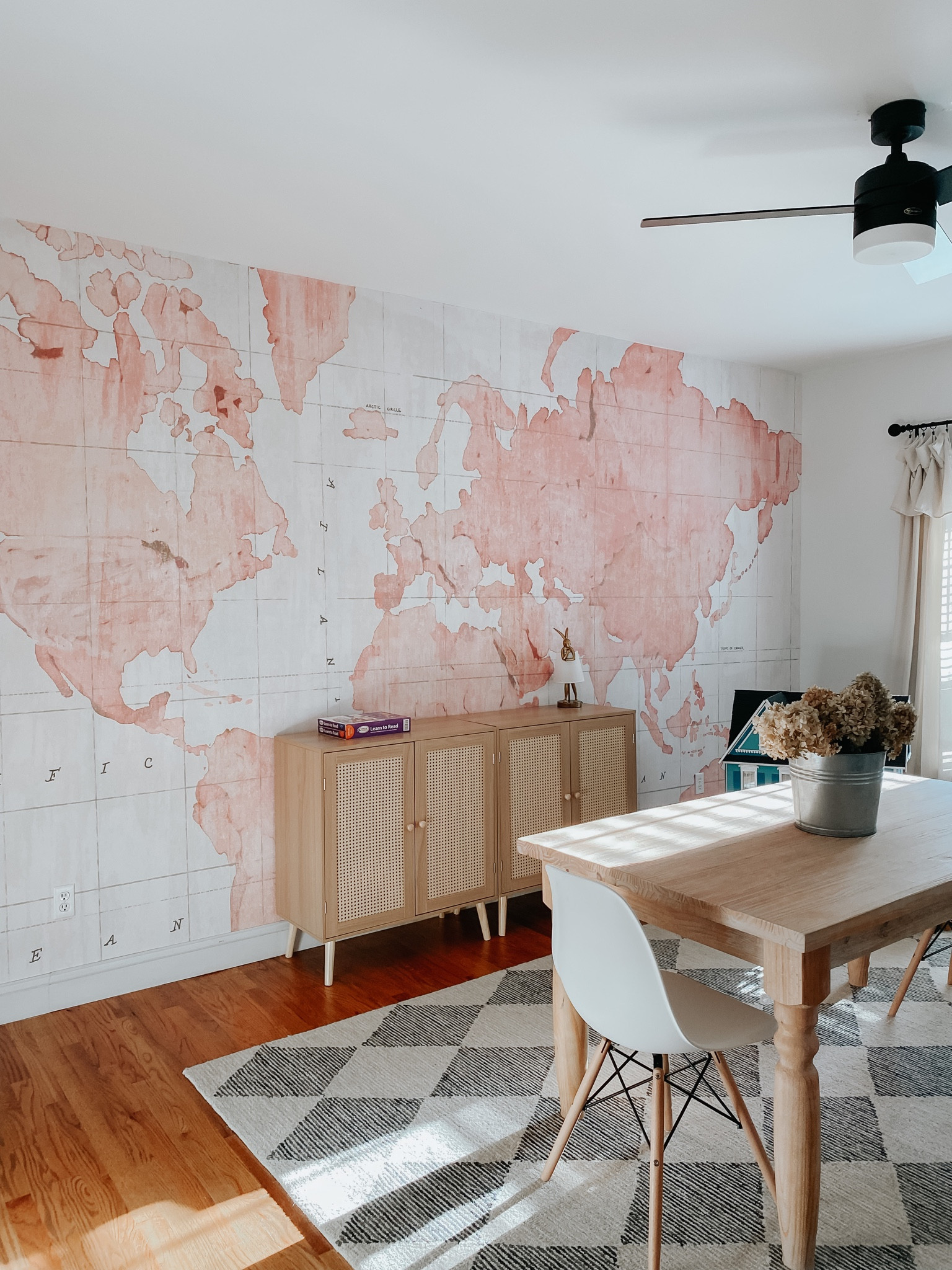 Homeschool room details, map wall mural from Wallism use code HEATHER15 for 15% off, Loloi rug, mid century modern white chairs, pine dining table, rattan sideboard modern ceiling fan 
Amazon, 

#LTKBacktoSchool #LTKsalealert #LTKhome