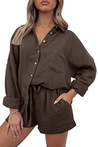 AUTOMET 2 Piece Sets For Women Lounge Wear Matching Two Piece Pajama Fashion Oversized Shirts And Shorts Spring Outfit 2026 01Brown M | Amazon (US)