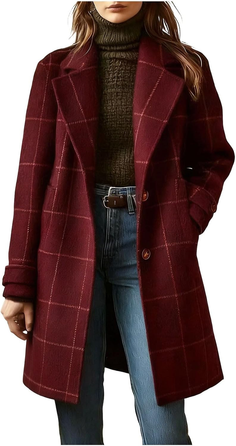 Womens Mid Length Plaid Coat Notched Collar Blazer Trench Jackets | Amazon (US)
