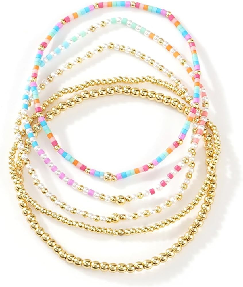 Gold Beaded Bracelet Stack for Women Dainty Cute 14K Gold Plated Seed Beads Crystal Colorful Stac... | Amazon (US)