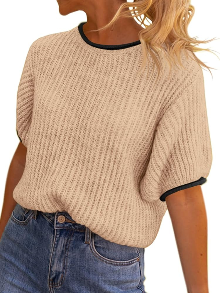 Saodimallsu Womens Puff Short Sleeve Sweater Tops Spring Summer Color Block Ribbed Knit Crew Neck... | Amazon (US)