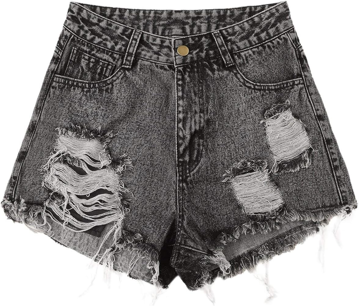WDIRARA Women's High Waisted Raw Hem Distressed Ripped Casual Denim Shorts | Amazon (US)
