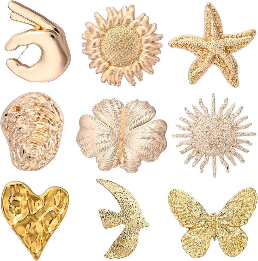 9 PCS Large Gold Brooches and Pins for Women Fashion, Irregular Vintage Unique Gold Plated Lapel ... | Amazon (US)