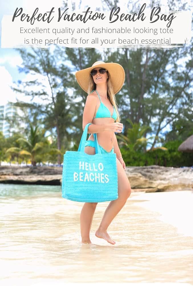 Hello Beaches Straw Beach Bags for Women | Straw Beach Tote | Beach tote bag | Beach Vacation Ess... | Amazon (US)