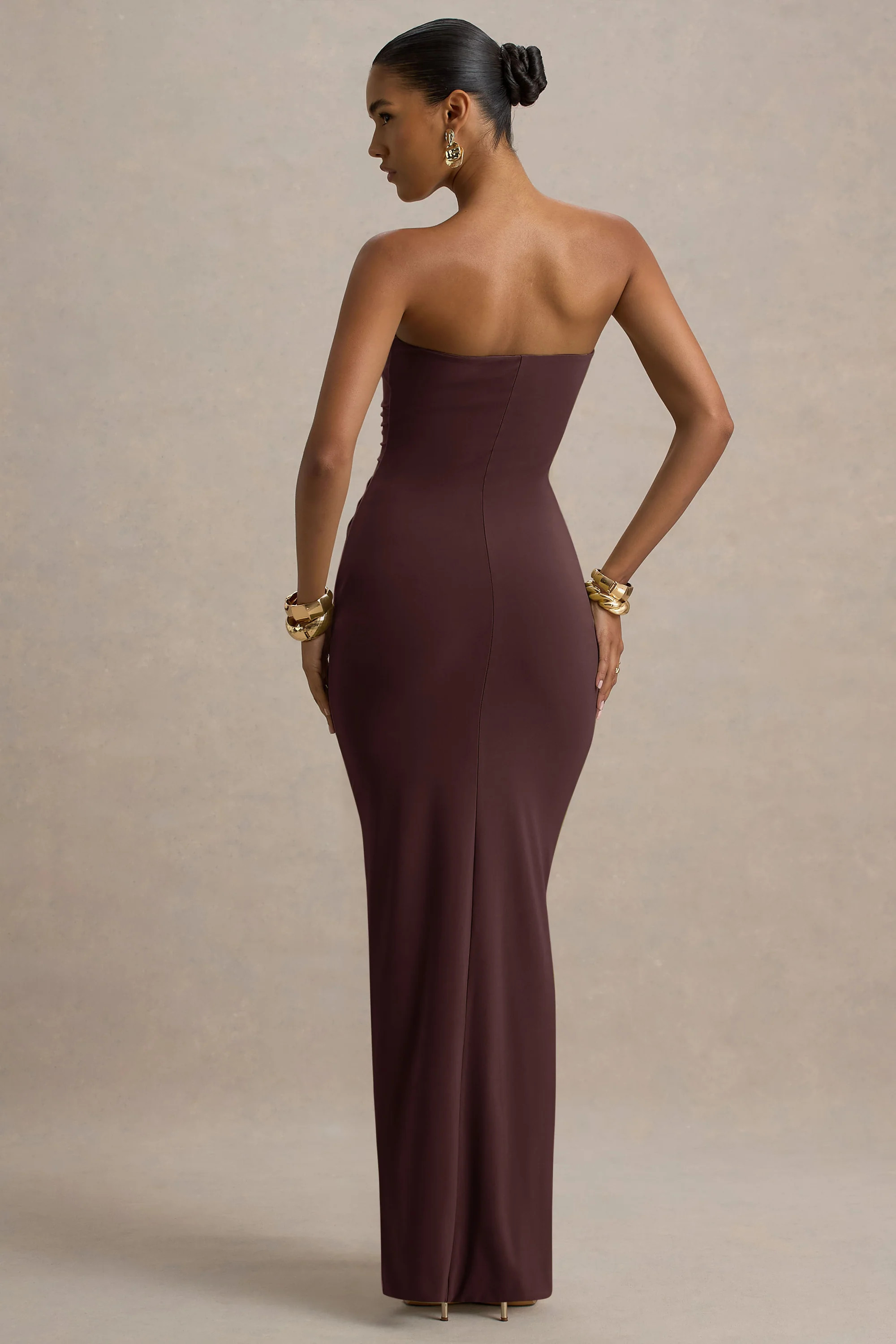 Ali | Warm Brown Sweetheart Ruched Wrap Maxi Dress | Club L London