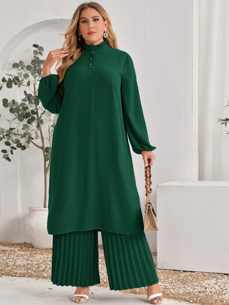 SHEIN Plus Ruffle Neck Split Hem Dress & Pleated Wide Leg Pants | SHEIN