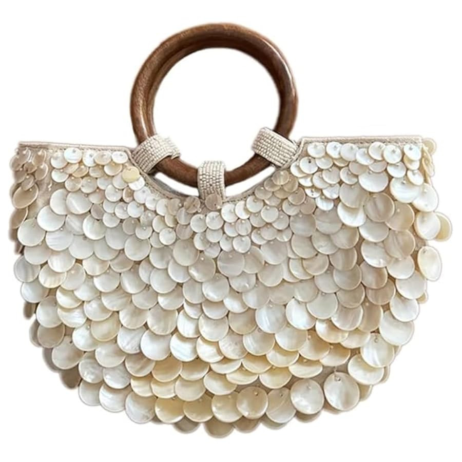 Shell Beaded Clutch Purse for Women with a chain shoulder strap Luxury Handmade Top Handle Bag Be... | Amazon (US)