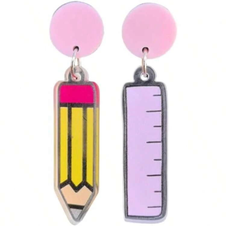 Funny Acrylic Pencil Ruler Paintbrush Paint Earrings Teachers Students Back To School Jewelry Gif... | SHEIN