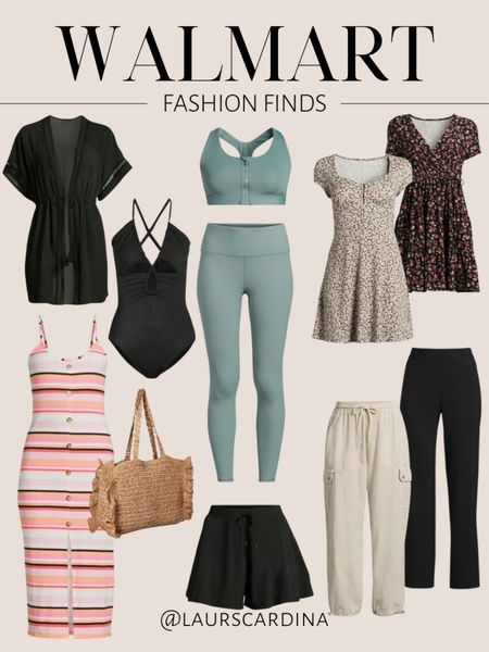 So many great Walmart finds! Dresses, swim cover up, a one piece bathing suit, black shorts, black pants, tan cargo pants, a woven tote bag, and a matching sports bra and leggings. 

Walmart fashion, look for less, spring outfit, summer outfit, resort wear 

#LTKfindsunder50 #LTKstyletip #LTKswim